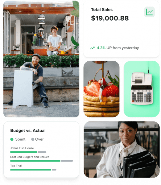 Accounting reports and various images of people and food